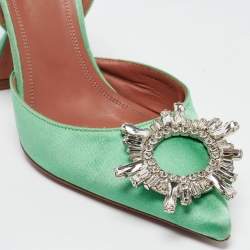 Pre Owned Amina Muaddi Green Satin Begum Slingback Pumps Size 36.5