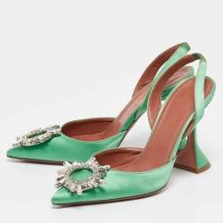 Pre Owned Amina Muaddi Green Satin Begum Slingback Pumps Size 36.5