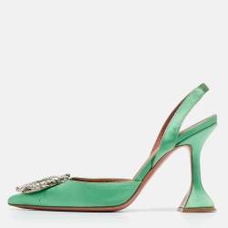 Pre Owned Amina Muaddi Green Satin Begum Slingback Pumps Size 36.5