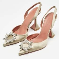 Pre Owned Amina Muaddi Grey Satin Begum Slingback Pumps Size 38