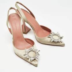 Pre Owned Amina Muaddi Grey Satin Begum Slingback Pumps Size 38