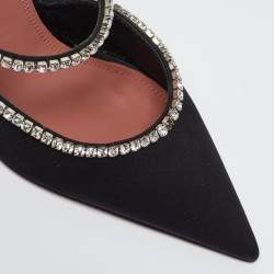 Amina Muaddi Black Satin Crystal Embellished Gilda Mules Size 37