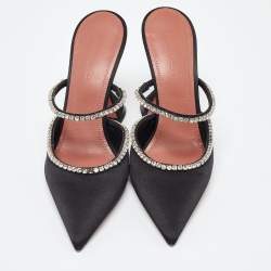 Amina Muaddi Black Satin Crystal Embellished Gilda Mules Size 37