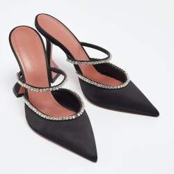 Amina Muaddi Black Satin Crystal Embellished Gilda Mules Size 37