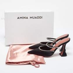 Amina Muaddi Black Satin Crystal Embellished Gilda Mules Size 37