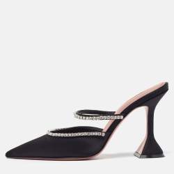 Amina Muaddi Black Satin Crystal Embellished Gilda Mules Size 37