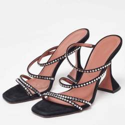 Amina Muaddi Black Suede Gilda Crystal Embellished Sandals Size 37