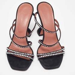 Amina Muaddi Black Suede Gilda Crystal Embellished Sandals Size 37