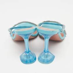 Pre Owned Amina Muaddi Blue Crystal Embellished PVC Gilda Sandals Size 38