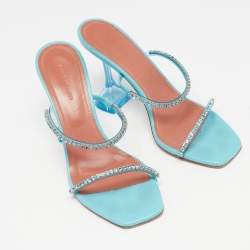Pre Owned Amina Muaddi Blue Crystal Embellished PVC Gilda Sandals Size 38