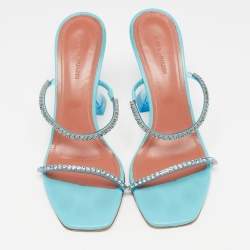 Pre Owned Amina Muaddi Blue Crystal Embellished PVC Gilda Sandals Size 38