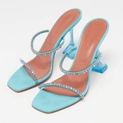 Pre Owned Amina Muaddi Blue Crystal Embellished PVC Gilda Sandals Size 38