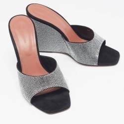 Pre Owned Amina Muaddi Black Crystals Suede Lupita Wedge Open Toe Sandals Size 40