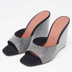 Pre Owned Amina Muaddi Black Crystals Suede Lupita Wedge Open Toe Sandals Size 40