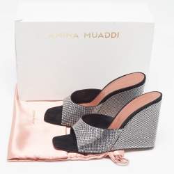 Pre Owned Amina Muaddi Black Crystals Suede Lupita Wedge Open Toe Sandals Size 40