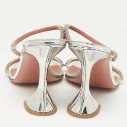 Pre Owned Amina Muaddi Silver Leather Crystal Embellished Gilda Slide Sandals Size 39
