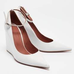 Pre Owned Amina Muaddi White Leather Wedge Pumps Size 37