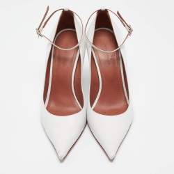 Pre Owned Amina Muaddi White Leather Wedge Pumps Size 37