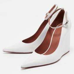 Pre Owned Amina Muaddi White Leather Wedge Pumps Size 37