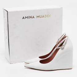 Pre Owned Amina Muaddi White Leather Wedge Pumps Size 37