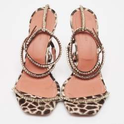 Amina Muaddi Brown/Beige Animal Print Calf Hair Crystal Embellished Gilda Sandals Size 41