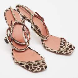 Amina Muaddi Brown/Beige Animal Print Calf Hair Crystal Embellished Gilda Sandals Size 41