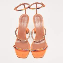 Pre Owned Amina Muaddi Orange Satin Gilda Ankle Strap Sandals Size 38