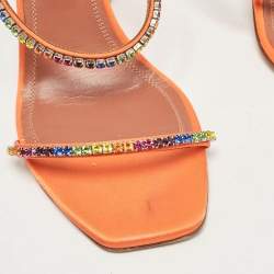Pre Owned Amina Muaddi Orange Satin Gilda Ankle Strap Sandals Size 38