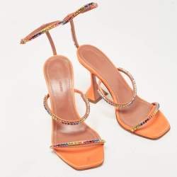 Pre Owned Amina Muaddi Orange Satin Gilda Ankle Strap Sandals Size 38