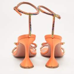 Pre Owned Amina Muaddi Orange Satin Gilda Ankle Strap Sandals Size 38
