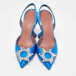 Pre Owned Amina Muaddi Blue Satin Begum Slingback Pumps Size 37