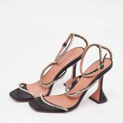 Pre Owned Amina Muaddi Black Crystal Embellished Satin Gilda Sandals Size 38