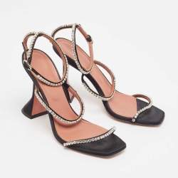 Pre Owned Amina Muaddi Black Crystal Embellished Satin Gilda Sandals Size 38