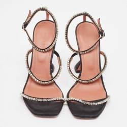 Pre Owned Amina Muaddi Black Crystal Embellished Satin Gilda Sandals Size 38