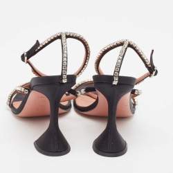 Pre Owned Amina Muaddi Black Crystal Embellished Satin Gilda Sandals Size 38