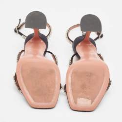 Pre Owned Amina Muaddi Black Crystal Embellished Satin Gilda Sandals Size 38