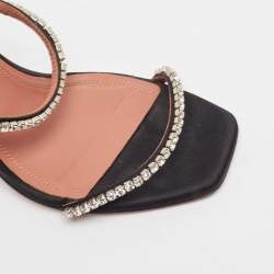 Pre Owned Amina Muaddi Black Crystal Embellished Satin Gilda Sandals Size 38