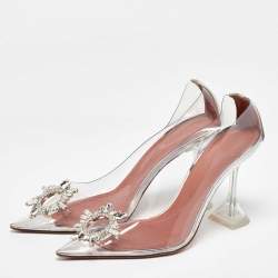 Pre Owned Amina Muaddi Transparent/Silver PVC and Leather Begum Pumps Size 40