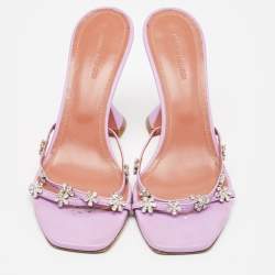 Pre Owned Amina Muaddi Purple Leather Crystal Embellished Slide Sandals Size 38