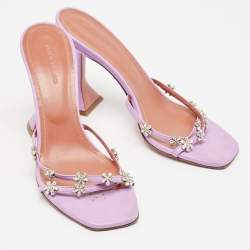 Pre Owned Amina Muaddi Purple Leather Crystal Embellished Slide Sandals Size 38
