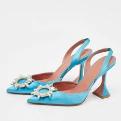 Amina Muaddi Blue Satin Begum Slingback Sandals Size 38.5