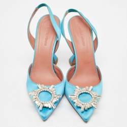 Amina Muaddi Blue Satin Begum Slingback Sandals Size 38.5