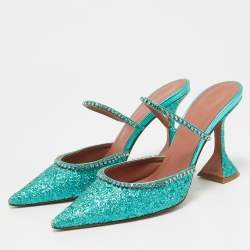 Amina Muaddi Teal Green Glitter Crystal Embellished Mules Size 38.5