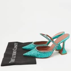Amina Muaddi Teal Green Glitter Crystal Embellished Mules Size 38.5