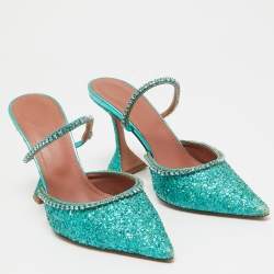 Amina Muaddi Teal Green Glitter Crystal Embellished Mules Size 38.5
