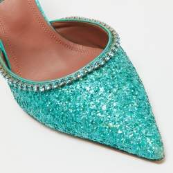 Amina Muaddi Teal Green Glitter Crystal Embellished Mules Size 38.5