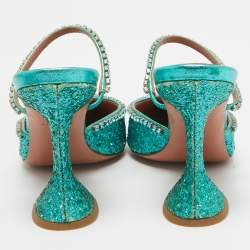 Amina Muaddi Teal Green Glitter Crystal Embellished Mules Size 38.5