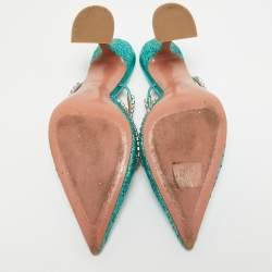 Amina Muaddi Teal Green Glitter Crystal Embellished Mules Size 38.5