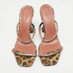 Amina Muaddi Brown Fabric and Leather Glid Slide Sandals Size 36.5