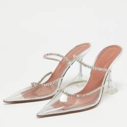 Pre Owned Amina Muaddi Transparent PVC Crystal Embellished Gilda Mules Size 37.5